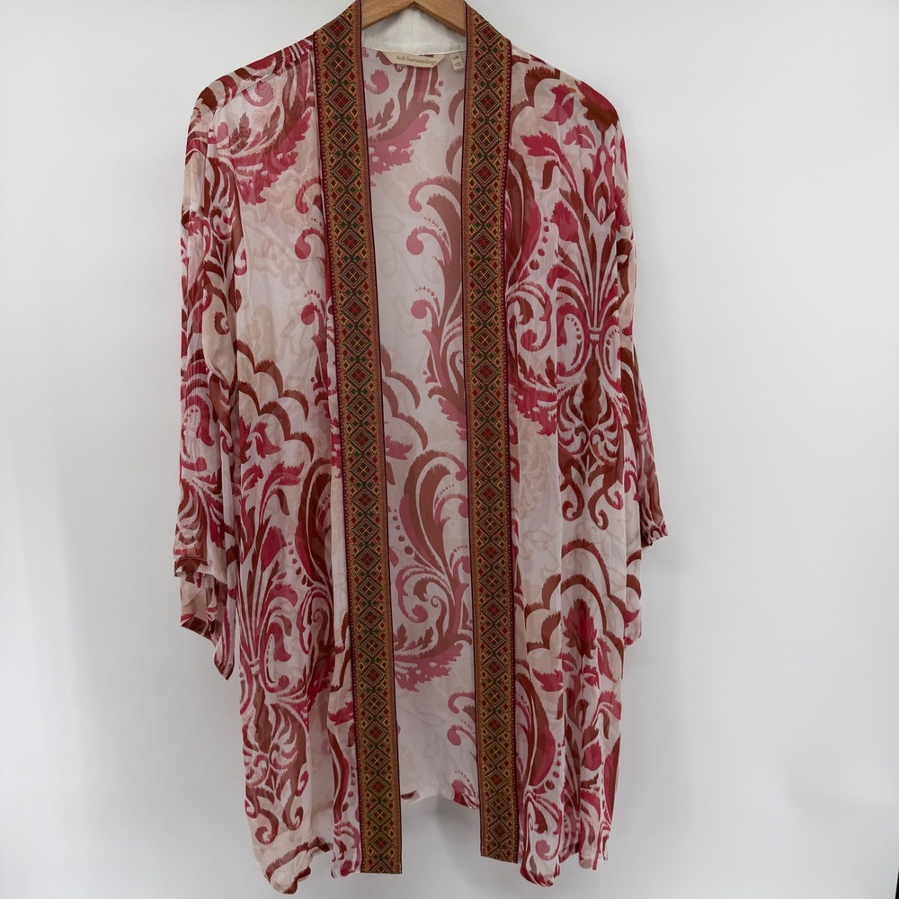 Soft Surroundings Pink Red Damask Kimono Embroidered Trim Viscose L/XL 2FU93